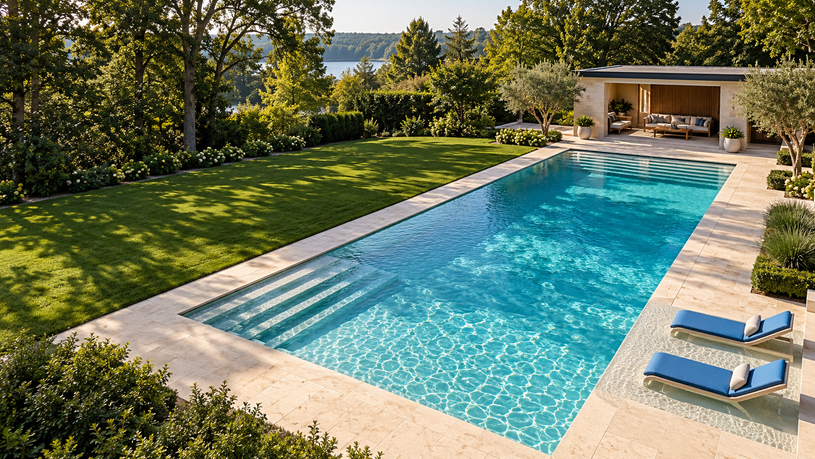 Illustrative turquoise pool surrounded by a limestone terrace and lush landscaping